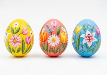 Three colorful easter eggs with floral designs isolated on white background