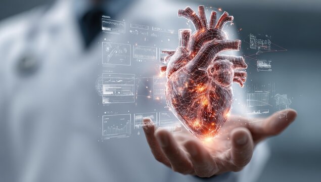 Doctors Hand Holding Futuristic Holographic Human Heart with Medical Data Overlays.