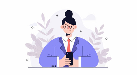 A person in a suit and tie holds a smartphone, with stylized plants in the background