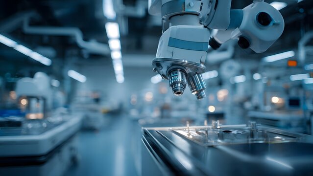 Sophisticated robotic arm with microscopic lens precisely operating in high tech medical laboratory, representing advanced automation, innovation, and precision in scientific research.