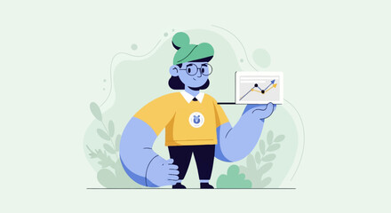 Naklejka premium A character with large blue arms holds a tablet displaying a rising graph