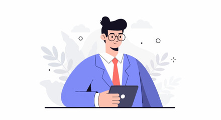 Illustrated professional in a blue suit and red tie, holding a tablet, with abstract foliage