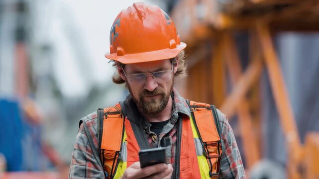 Construction worker in safety gear checking phone at job site during busy workday in urban area