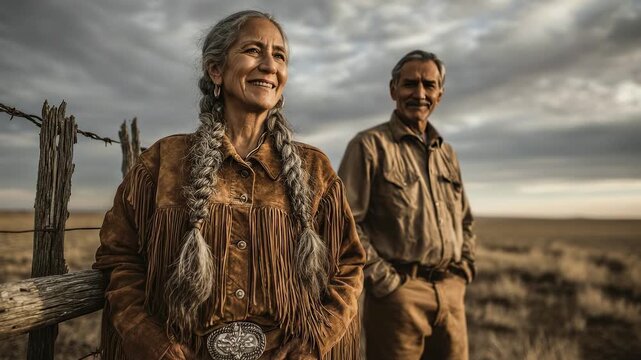 Native American elders gaze across prairie landscape. Mature couple stand by weathered fence. Authentic clothing reflects cultural heritage. Rural Western scene. Deep emotional connection.