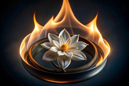 White lotus flower with yellow center inside metallic ring surrounded by vivid flame on dark background, striking contrast symbolizing purity and transformation