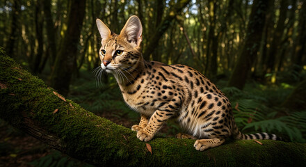 Fototapeta premium A majestic leopard perched on a mossy log in a serene forest, viewed from a slight angle.