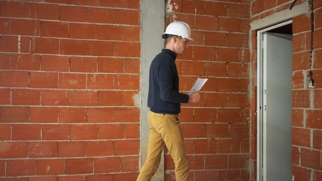 Building inspector examining wall cracks on construction site. Professional architect holding blueprint supervising real estate project and inspecting structural problems
