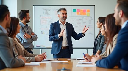 Obraz premium A middle-aged Caucasian man leads a business meeting, engaging a diverse group of colleagues in discussion.