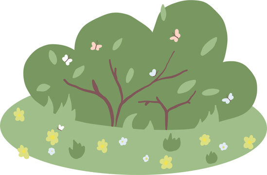 Vector illustration of a green meadow with a bush with flowers and butterflies.