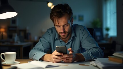 Concentrated Caucasian man in a blue shirt, reviewing messages on his smartphone at a desk, surrounded by papers and a coffee cup.