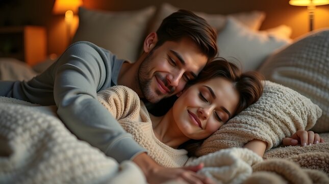 A young couple of mixed ethnicity enjoys a cozy cuddle in bed, illuminated by warm, ambient lighting.