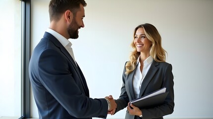 A smiling Caucasian woman in a business suit shakes hands with a man in a formal setting, conveying professionalism and collaboration.
