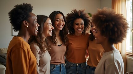 Fototapeta premium Six joyful Black women laughing together in a cozy, warmly lit room, celebrating friendship and unity.