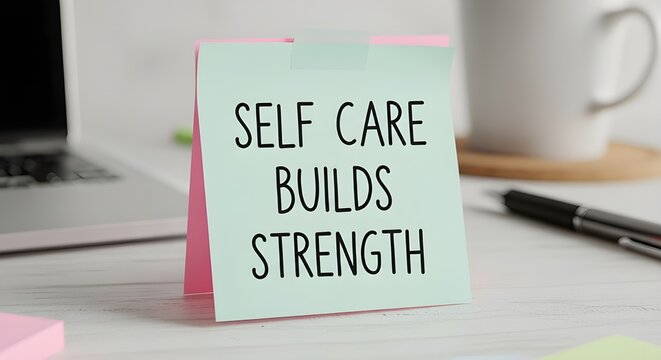 Inspirational note on desk with self care builds strength message
