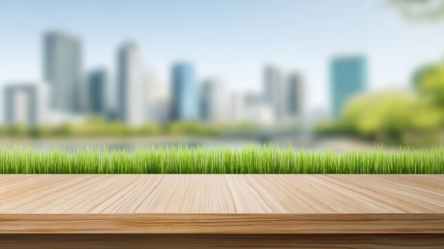 Wooden table foreground with green grass, and a blurred cityscape, sky, and greenery in background