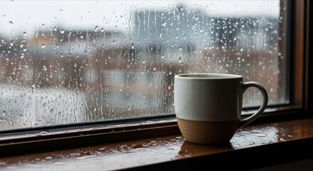 Cozy Coffee Cup by Window on Rainy Day with Raindrops on Glass