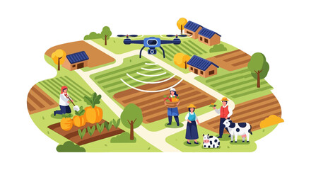 Fototapeta premium Precision Agriculture Drone Monitoring Smart Farm. Isometric illustration of farmers, crops, and fields using Agritech.