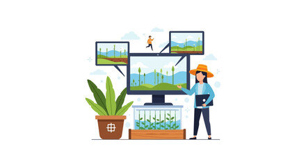 Fototapeta premium Smart Agriculture Management Concept: Farmer Using Digital Technology for Remote Crop Monitoring, Agronomy, and Hydroponics System Control Illustration.
