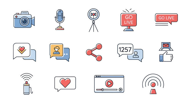 Live Streaming Icons Set: Camera, Microphone, Go Live, Likes, Shares, Comments