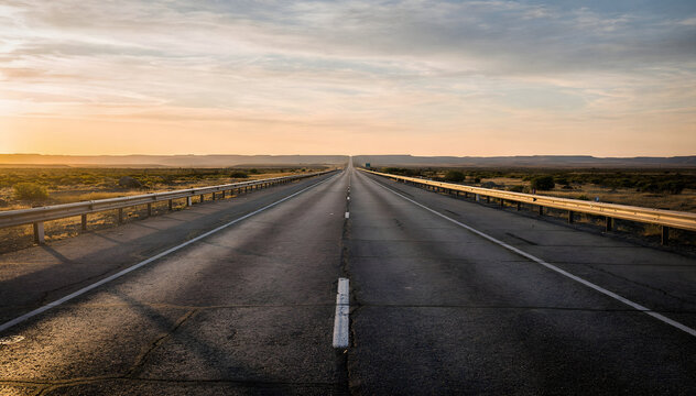 Vast open highway stretch through a rugged desert landscape under a dramatic sky at sunrise or sunset, emphasizing travel, freedom, and endless perspective