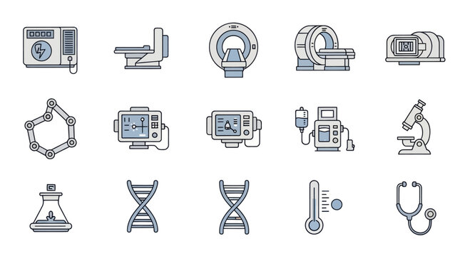 Medical Technology Icons: MRI, DNA, Microscope, Stethoscope, Lab Equipment
