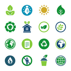 Collection of sustainability and environmental icons for graphic design