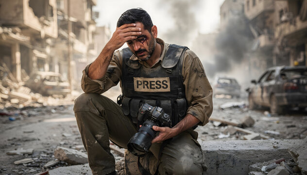 A male photojournalist, with visible injuries and a somber expression, kneels amidst the rubble of a devastated urban landscape, holding his camera, conveying deep sorrow and the harsh reality of repo