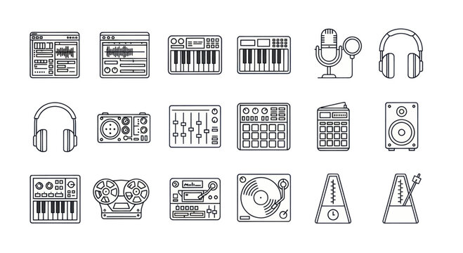 Music Production Equipment Icons: Studio Gear, DJ, Audio Tools, Beats, Sound