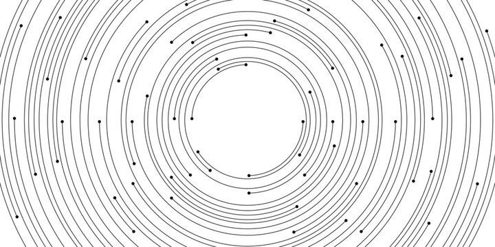 Abstract concentric circles with dotted lines vector background. Modern digital technology pattern in black and white.