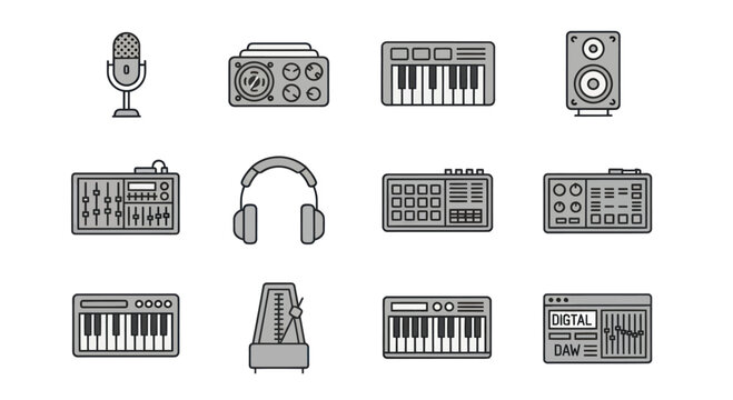 Music Production Icons: Microphone, Keyboard, Mixer, Headphones, Speaker