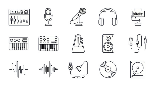 Music Production Icons: Mixing Board, Microphones, Keyboard, Headphones, Vinyl
