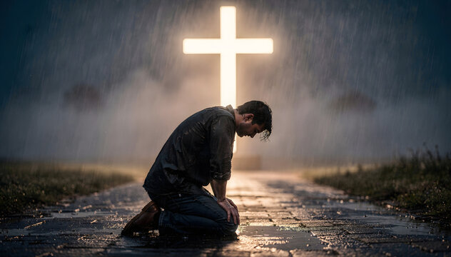 Man Kneel in Soaking Rain with Glowing Cross Overhead, Reflecting Spiritual Devotion and Struggle in a Somber, Atmospheric Scene of Faith