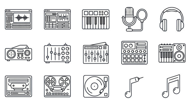 Music Production Icons Set: Studio Gear, Instruments, Audio Equipment