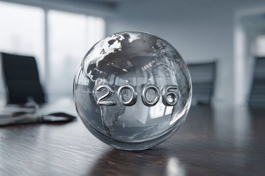 Glass Globe with Year 2005 Engraved on a Desk.