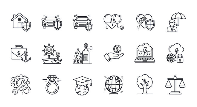 Insurance Icons Set: Home, Car, Health, Life, Professional, Business, Travel, Fire, Finance, Tech, Security