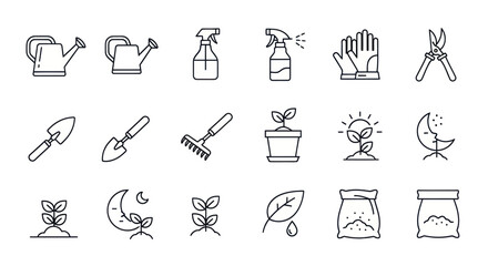 Fototapeta premium Gardening Icons: Tools, Plants, Growth, Water, Sun, Moon, Soil