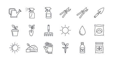 Fototapeta premium Gardening Icons Set: Watering Can, Sprayer, Tools, Plants, Sun, Seeds