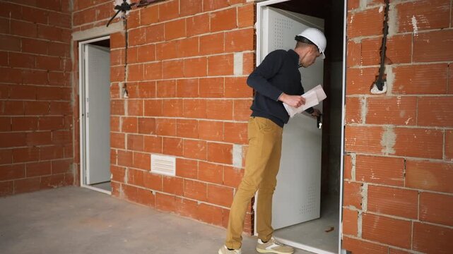 Engineer reviewing construction documentation during commercial development. Professional verification of installation accuracy and contractual standards.