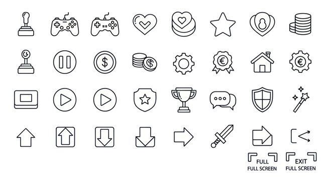 Gaming Icons Set: Joystick, Controller, Heart, Star, Shield, Trophy, Coins