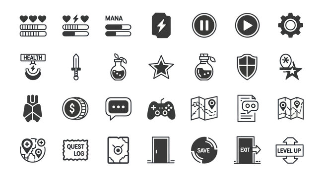 Game Interface Icons: Health, Mana, Controls, Map, Quest, Level Up