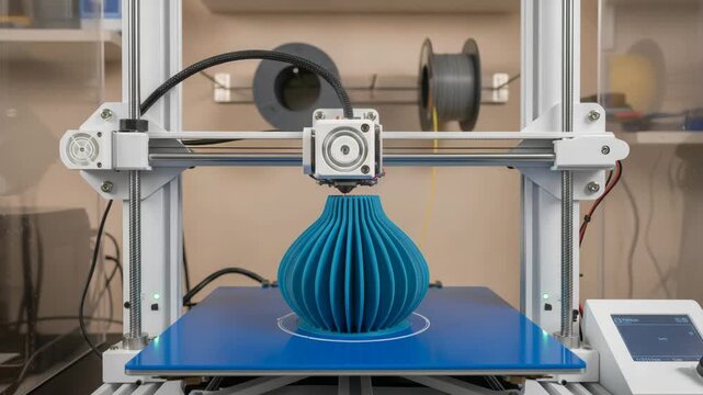 Desktop 3d printer forming blue geometric model on blue plate in quiet workshop, precision tech, 3d printing, advanced manufacturing