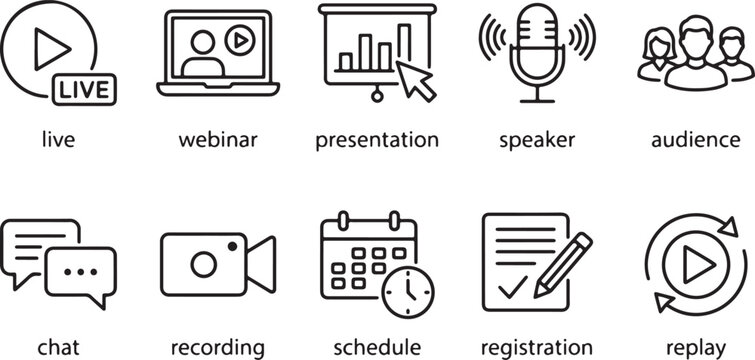 Webinar and online presentation vector icons set, flat design style, scalable graphics