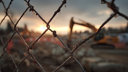 Construction Site at Sunset Behind Chain Link Fence.