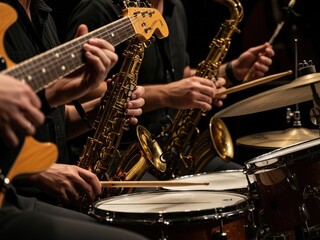 Fototapeta premium A close-up shot of musicians performing, highlighting hands on an electric guitar, two saxophones, and a drum kit with drumsticks, suggesting a dynamic live musical act.