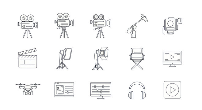 Filmmaking Equipment Icons: Cameras, Drone, Lights, Clapperboard, Headphones