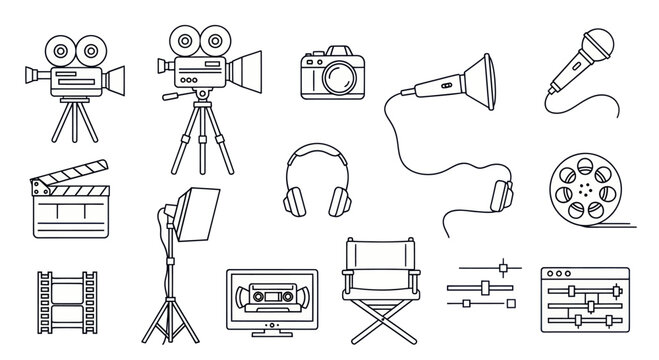Filmmaking Equipment Icons Set: Camera, Microphone, Clapperboard, Lights