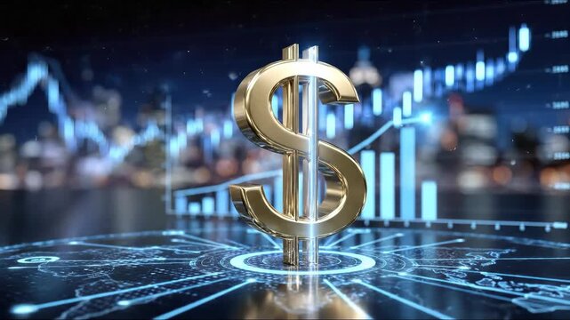 Golden dollar symbol, representing global finance, strong currency value, digital economy growth, smart investment strategy, monetary market data analysis, futuristic technology interface