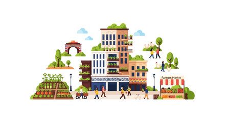 Sustainable Urban City Life Illustration. Green Buildings, Rooftop Gardens, Community Farming, and Local Farmers Market Concept.