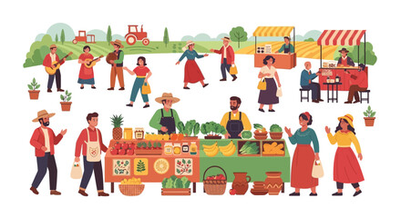 Vibrant Farmers Market Illustration. Flat Vector Scene with Vendors, Customers Buying Fresh Produce, Food Stalls, and Live Music in Rural Setting.