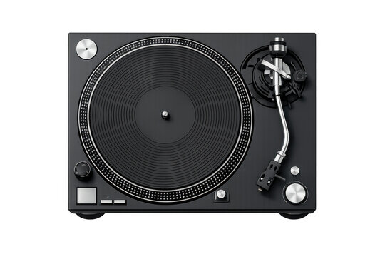 Professional DJ turntable with tonearm and platter, top view, isolated on black background